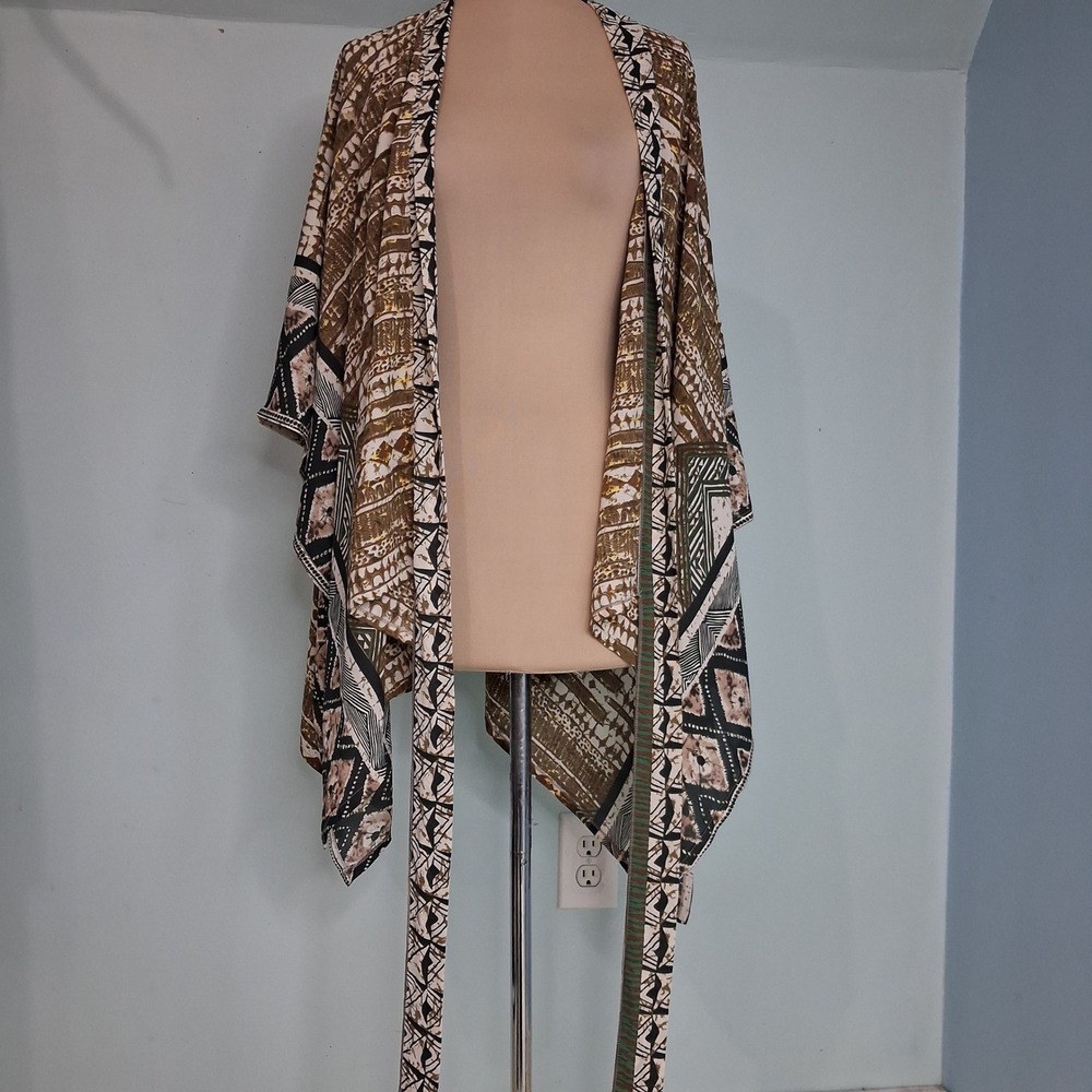 Brown Tribal Geometric Print Boho Chic Draped Tie Front Kimono Wrap Cover Up OS